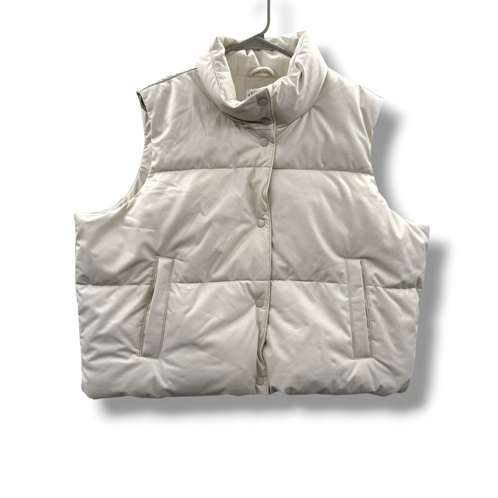 Old Navy Puffer Vest Womens XL Beige Faux Leather Snap Front Mock Neck NEW